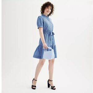 DRAPER JAMES RSVP Belted Button-Front Dress in blue chambray stripes Medium